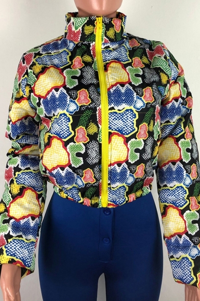 Retro Womens Down Jacket Abstract Pattern Color Block Zipper up High Neck Regular Fit Long Sleeve Puffer Jacket