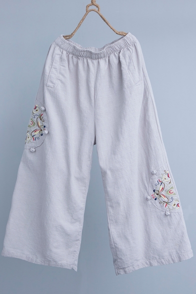 Retro Womens Pants Flower Vine Embroidery Applique Elastic Waist Full Length Relaxed Fit Wide Leg Lounge Pants