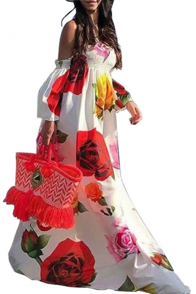 Stylish Swing Dress Floral Pattern off the Shoulder Ruffles Short Butterfly Sleeve Long Swing Dress for Women