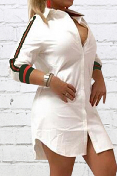 Stylish Women's Shirt Dress Contrast Stripe Pattern Button-down Spread Collar Long-sleeved Regular Fitted Shirt Dress