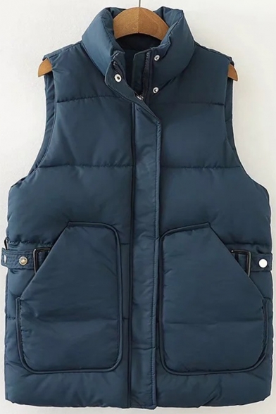 Winter Chic Solid Color Sleeveless Stand-Up Collar Flap Pocket Zip Up Fitted Quilted Vest