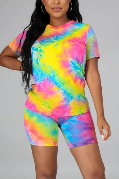 Womens Co-ords Fashionable Tie Dye Short Sleeve Round Neck Tee Slim Fitted Shorts Co-ords