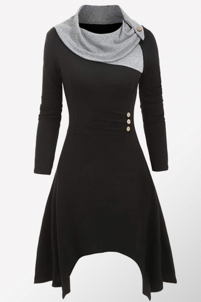 Womens Dress Chic Button Decoration Asymmetric Hem Long Sleeve Midi A-Line Slim Fitted Contrast-Cowl Collar Swing Dress