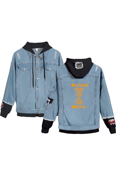 Womens Jacket Cool Faded Wash Letter Ateez Pattern Ripped Contrast Patchwork Frayed Detail Button up Hooded Regular Fit Long Sleeve Denim Jacket