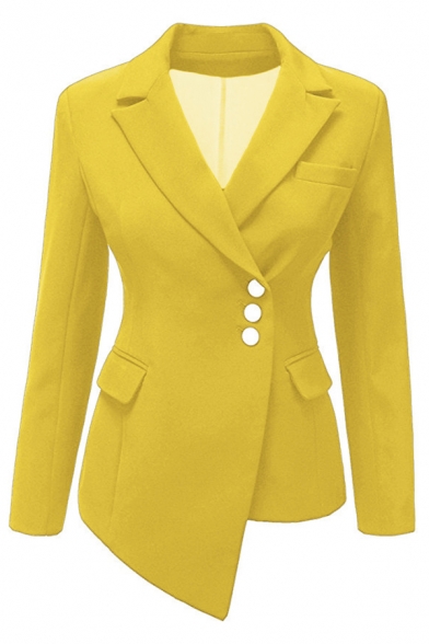 Womens Jacket Stylish Solid Color Pocket Flap Design Asymmetric Hem Three-Button Lapel Collar Slim Fit Long Sleeve Suit Jacket