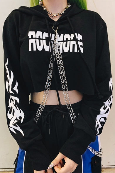 Womens Sexy Black Letter Tape Trim Chain Embellished Long Sleeve Slim Fit Crop Hoodie