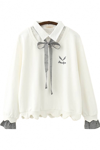Womens Sweatshirt Casual Deer Horn Letter Embroidery Scalloped Hem Fake Two Pieces Turn-down Collar Long Sleeve Loose Fit Pullover Sweatshirt
