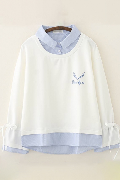 Womens Sweatshirt Stylish Deer Horn Letter Embroidery Pinstripe-Patchwork Faux Twinset Long Sleeve Relaxed Fit Turn-down Collar Pullover Sweatshirt
