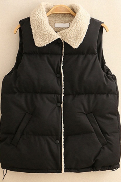 Womens Vest Trendy Thick Bungee-Style Hem Button down Regular Fit Turn-down Collar Sleeveless Down Vest