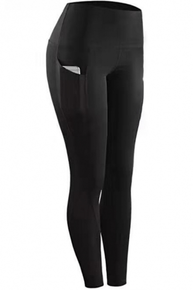 Womens Yoga Leggings Trendy Plain Mention Hip Side Pockets Skinny Fit 7/8 Length Sport Leggings