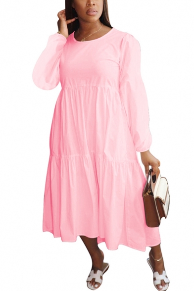 Classic Womens Dress Solid Color Long Sleeve Midi A-Line Regular Fitted Round Neck Tiered Dress