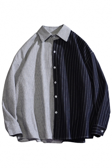 Cool Mens Shirt Two Tone Panel Stripe Pattern Button down Long Sleeve Spread Collar Loose Fit Shirt