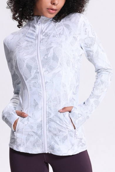 Cool Womens Sport Jacket Geometric Pattern Finger Holes Full-Zipper Long Sleeve Mock Neck Slim Fit Yoga Jacket