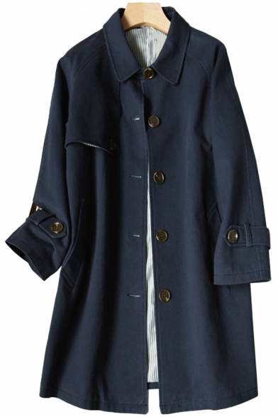 Cool Womens Trench Coat Solid Color Mid-Length Button down Loose Fit Long Sleeve Turn-down Collar Trench Coat