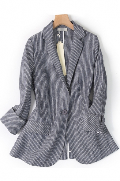 Cozy Women's Jacket Horizontal Stripe Pattern Cotton and Linen Flap Pockets Button-down Long-sleeved Regular Fitted Suit Jacket