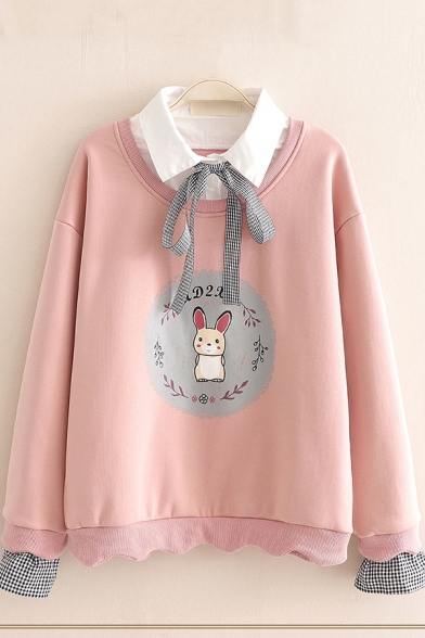 Creative Girls Cartoon Animal Pattern Thickened Scalloped Hem Contrast False Two Pieces Turn-down Collar Long Sleeve Relaxed Fit Sweatshirt