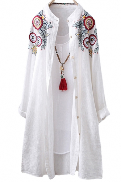 Creative Womens Shirt Floral Embroidered Thin Single Breasted Long Sleeve Stand Collar Tunic Loose Fit Shirt