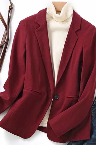 Elegant Women's Jacket Solid Color Pocket Detailed Notched Collar Long-sleeved Regular Fit Suit Jacket