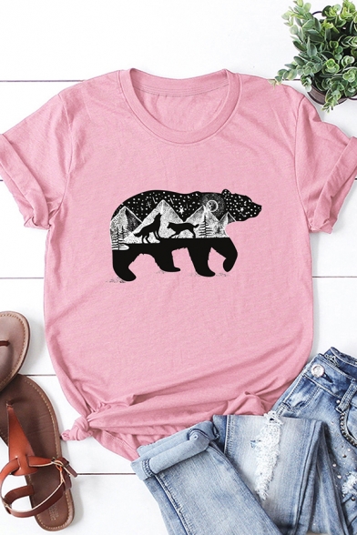 Fancy Women's Tee Top Bear Mountain Abstract Pattern Round Neck Short Sleeves Loose Fitted T-Shirt