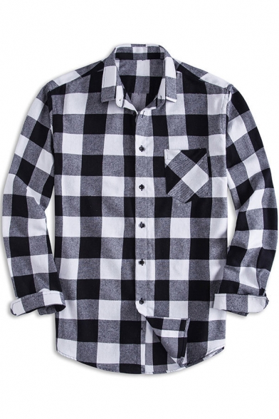 Guys Popular Long Sleeve Lapel Neck Button Down Checker Patterned Regular Fit Shirt