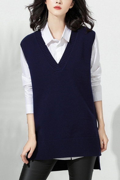 Leisure Women's Sweater Vest Plain Ribbed Trim High-Low Hem Side Slit V Neck Sleeveless Regular Fitted Sweater Vest