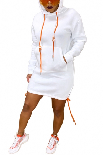 Novelty Womens Dress Solid Color Drawstring Split Hem Kanga Pocket Mini Slim Fitted Hooded Long Sleeve Bodycon Dress
