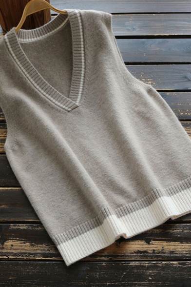 Popular Sweater Vest Ribbed Contrast Trims V Neck Sleeveless Regular Fitted Sweater Vest for Women