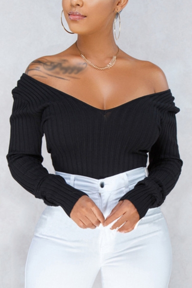 Retro Womens Bodysuit Solid Color Rib Knit Deep V Neck Slim Fitted Long Sleeve Bodysuit