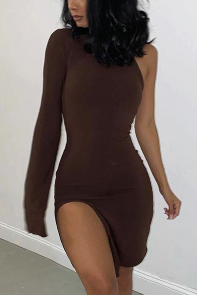 Sexy Women's Asymmetrical Dress Solid Color Halter Neck one Shoulder Side Slit Slim Fitted Short Bodycon Dress