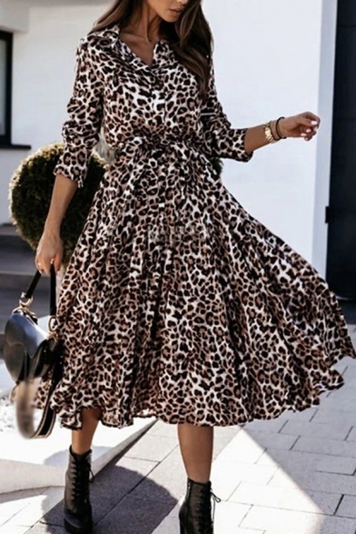 Stylish Women's A-Line Dress All over Leopard Printed Button Detail Waist-Belted Ruffles Spread Collar Long Sleeves Regular Fitted Shirt Dress