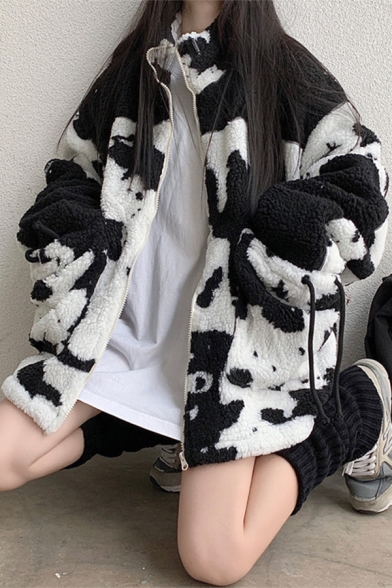 Unique Black and White Cow Printed Long Sleeve Zip Up Sherpa Fleece Oversized Sweatshirt