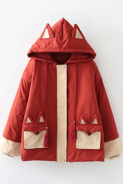 Unique Womens Coat Fox Pattern Contrast Panel Flap Pockets Drawstring Hooded Zip Fly Button Design Long Sleeves Relaxed Fit Down Coat