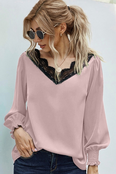 Unique Womens Shirt Stringy Selvedge Lace Patchwork Loose Fitted V Neck Long Sleeve Pullover Shirt