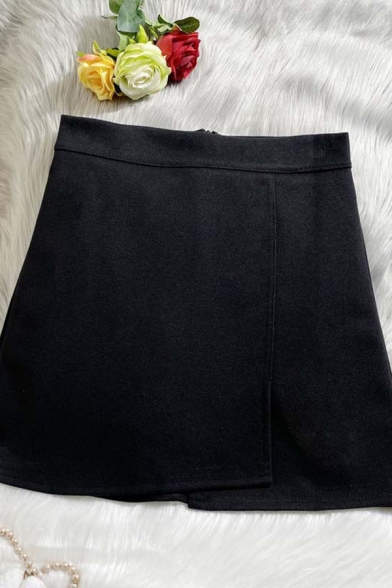 Unique Womens Skirt Solid Color Asymmetric Hem Anti-Emptied Mini High Waist A-Line Skirt