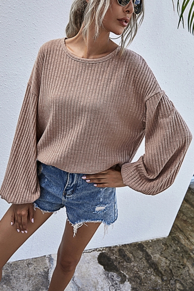Unique Womens Sweater Plain Rib Knitted Loose Fitted Crew Neck Long Bishop Sleeve Sweater