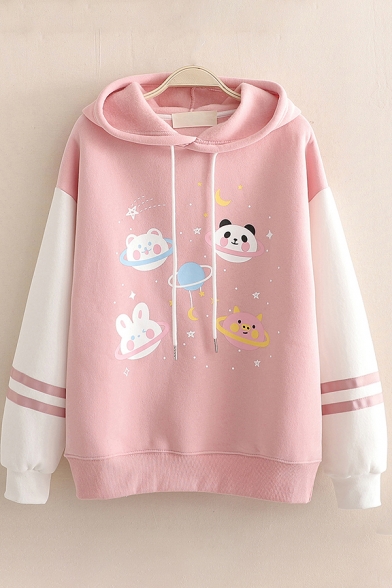 Vintage Girls Hoodie Cartoon Animal Planet Pattern Thickened Arm-Stripe Drawstring Long Contrast-Sleeve Relaxed Fitted Hooded Sweatshirt