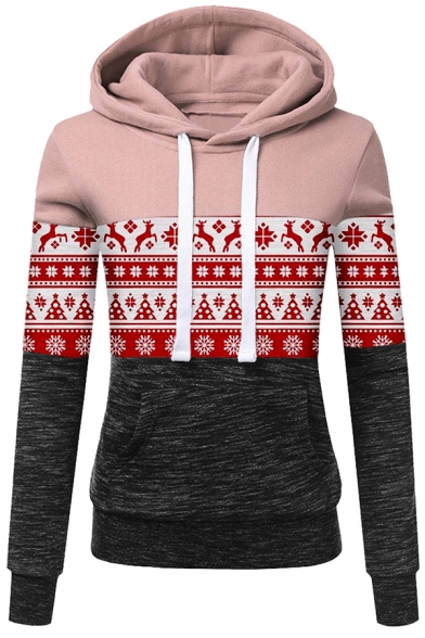 Womens Hoodie Chic Color Block Snowflake Christmas Tree Deer Print Kangaroo Pocket Drawstring Long Sleeve Slim Fit Hooded Sweatshirt