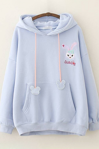 Womens Hoodie Chic Rabbit Letter Embroidery Ear-Hood Kangaroo Pocket Drawstring Long Sleeve Relaxed Fitted Hooded Sweatshirt