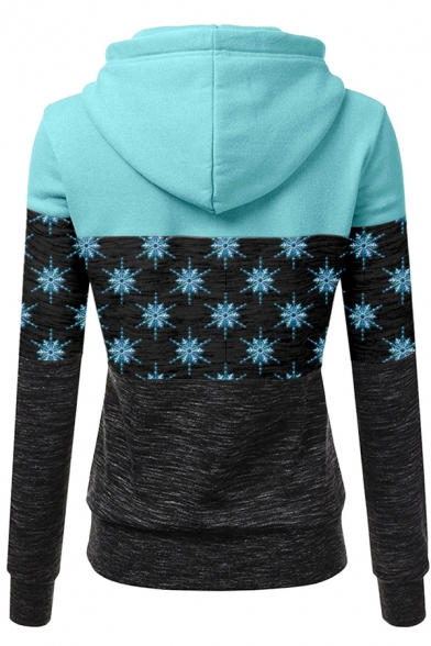 Womens Hoodie Fashionable Color Block Snowflake Print Kangaroo Pocket Drawstring Long Sleeve Slim Fit Hooded Sweatshirt