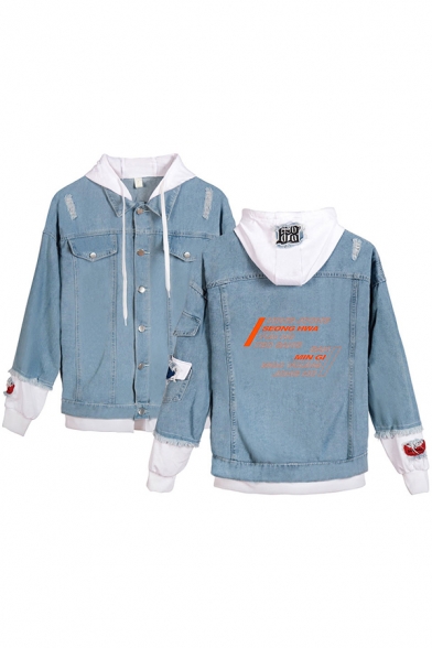 Womens Jacket Cool Faded Wash Letter Ateez Pattern Ripped Contrast Patchwork Frayed Detail Button up Hooded Regular Fit Long Sleeve Denim Jacket