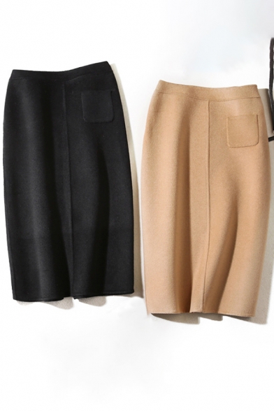 Womens Skirt Stylish Plain Double-Sided Woolen Invisible Zipper Split Detail High Rise Midi Bodycon Skirt