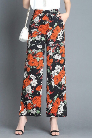 Womens Summer Leaf Printed High-Rise Tied Front Chiffon Trousers Wide-Leg Pants