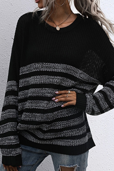 Womens Sweater Chic Contrast Stripe Pattern Bottoming Round Neck Long Sleeve Tunic Relaxed Fitted Sweater