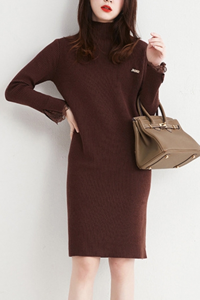 Casual Women's Sweater Dress Solid Color Lace Trim Mock Neck Long-sleeved Ribbed Knit Regular Fitted Knee Length Sweater Dress