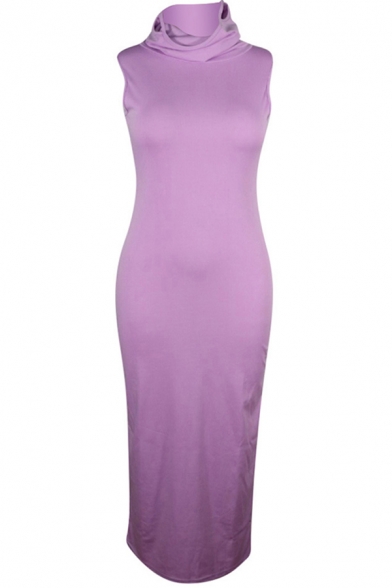 Creative Womens Dress Solid Color Sleeveless Maxi Slim Fitted Masked High Neck Bodycon Dress