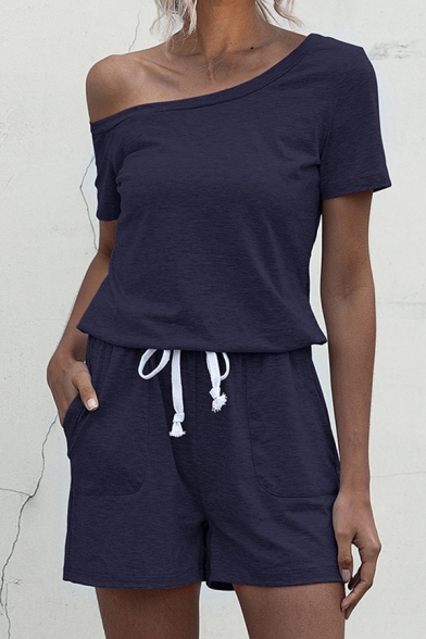 Creative Womens Romper Solid Color Drawstring-Waist Short Sleeve Sloping Shoulder Slim Fitted Romper