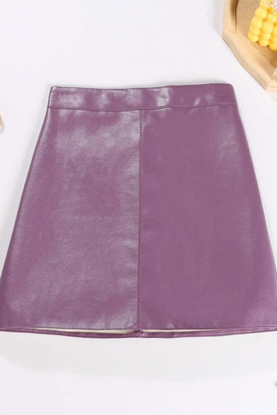 Creative Womens Skirt Plain Zipper down Anti-Emptied PU Leather A-Line High Rise Mini Skirt