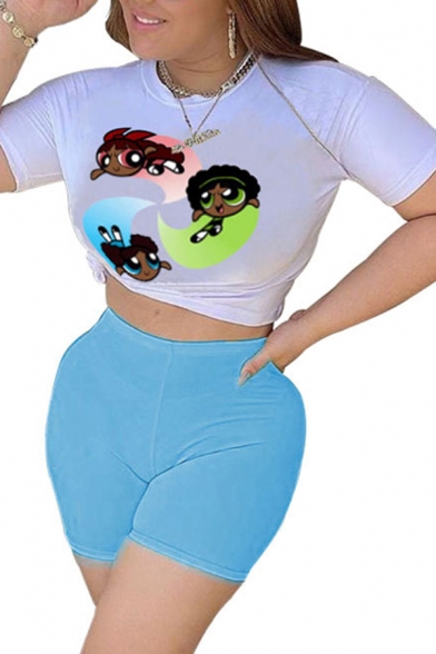 Fancy Women's Set Cartoon Figure Print Crew Neck Short Sleeves Slim Fitted Tee Top with Solid Color Shorts Co-ords