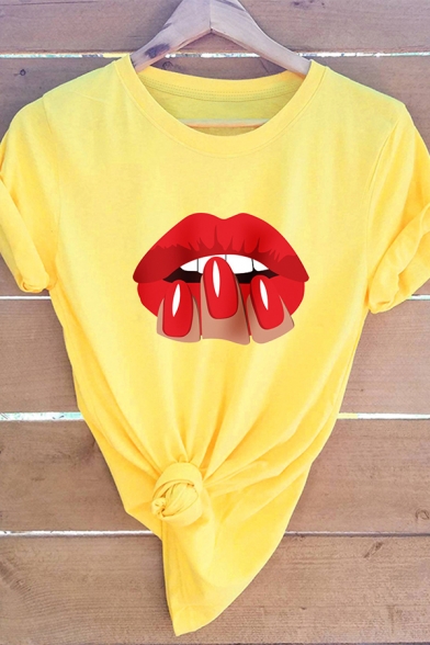 Fancy Women's Tee Top Lips Fingers Pattern Crew Neck Rolled Short Sleeves Fitted T-Shirt