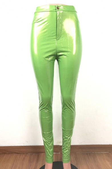 Fancy Womens Pants Bright PU Leather Solid Color High Waist Button up Long Skinny Pants